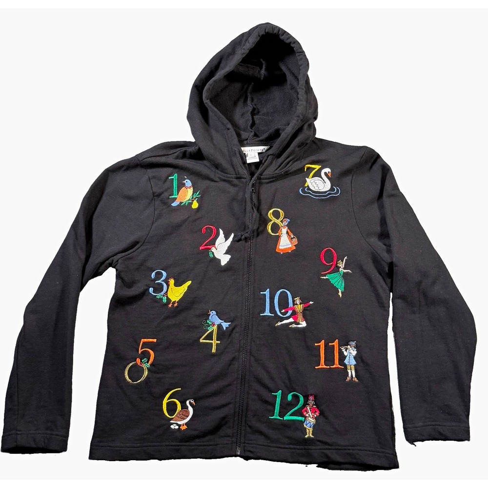 Belle Pointe 12 Days of Christmas Black Zip Up Hoodie Sweatshirt Large L Vintage